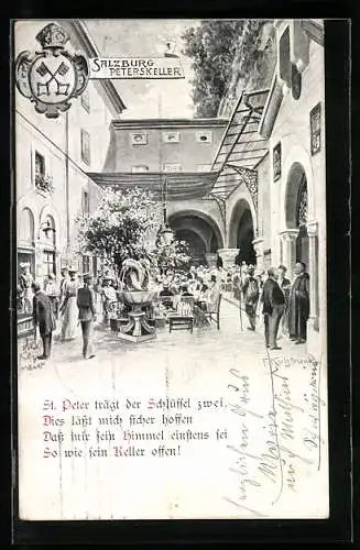 Künstler-AK F. Kulstrunk: Salzburg, Restaurant Peterskeller mit Leuten