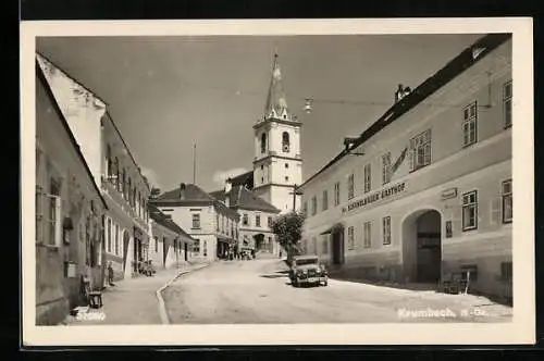 AK Krumbach /N.-Ö, Strassenpartie mit Schandlbauer Gasthof und Autos