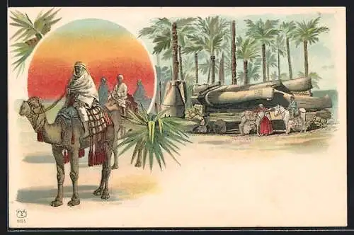 Lithographie Memphis, Statue des Pharaos, Kamelreiter