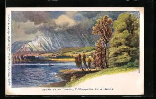 Künstler-Lithographie Anton Hlavacek: Matt-See mit dem Untersberg, Frühlingsgewitter