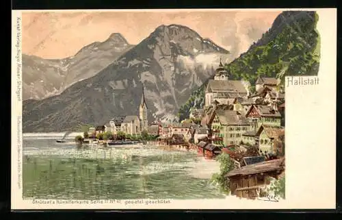 Künstler-Lithographie Otto Strützel: Hallstatt, Teilansicht des Ortes