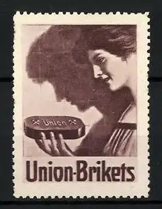 Reklamemarke Union-Brikets, Fräulein hält ein Kohlestück