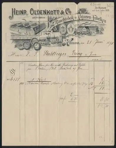 Rechnung Hanau 1898, Heinr. Oldenkott & Co., Rauchtabak- & Cigarren-Fabriken, Hauptfabrik und Werke in Orb und Roth