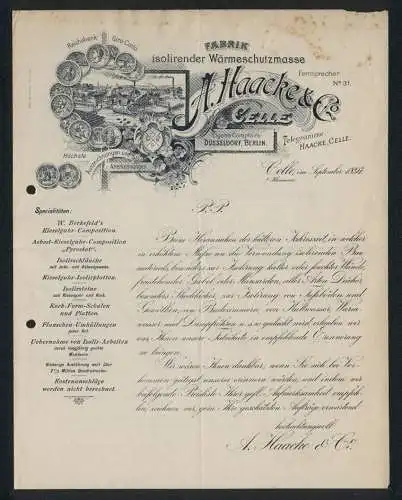 Werbeprospekt Celle 1897, A. Haacke & Co, Fabrik isolirender Wärmeschutzmasse, Fabrikgelände am Fluss, Preis-Medaillen