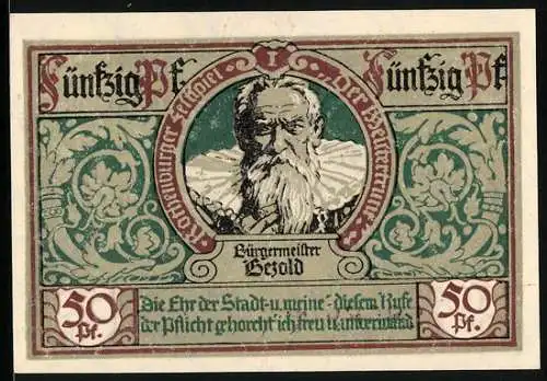 Notgeld Rothenburg ob der Tauber 1921, 50 Pfennig, Bürgermeister Bezold