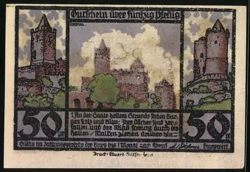 Notgeld Kösen / Saale, 50 Pfennig, Rudelsburg, Burgruine, Saale aus der Vogelschau