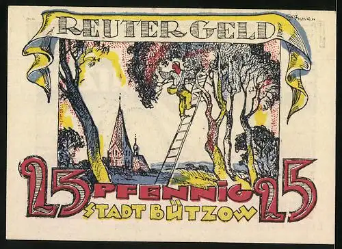 Notgeld Bützow 1922, 25 Pfennig, Bauer mit Ochsenwagen bei der Heuernte