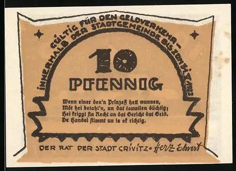 Notgeld Crivitz 1922, 10 Pfennig, Ortspartie mit Kirche im Schnee