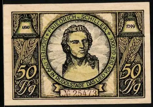 Notgeld Rudolstadt 1922, 50 Pfennig, Wappen, Portrait Friedrich v. Schiller, Glocke mit Engeln