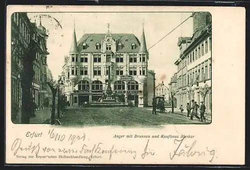 AK Erfurt, Strasse Anger mit Brunnen und Kaufhaus Merkur