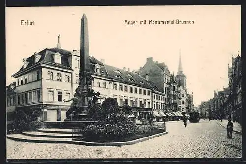 AK Erfurt, Strasse am Anger mit Geschäften und Monumental-Brunnen