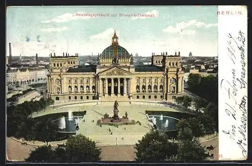 AK Berlin, Reichstagsgebäude mit Bismarck-Denkmal