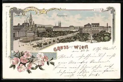 Lithographie Wien, Strasse Franzensring mit Kirche und Strassenbahn