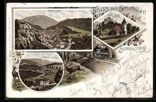 Lithographie Schottwien, Bahnhof Klamm, Ruine Klamm und Kirche, Ortsansicht, Eisenbahn, Hirsch