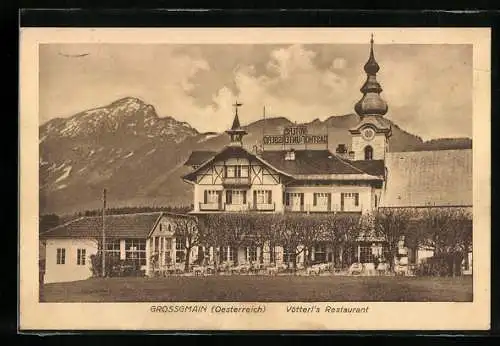 AK Grossgmain, Restaurant Vötterl mit Kirche