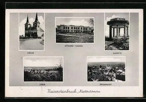 AK Kaisersteinbruch /Niederdonau, Kirche, Offiziers-Kasino, Gloriette, Lager, Ortsansicht