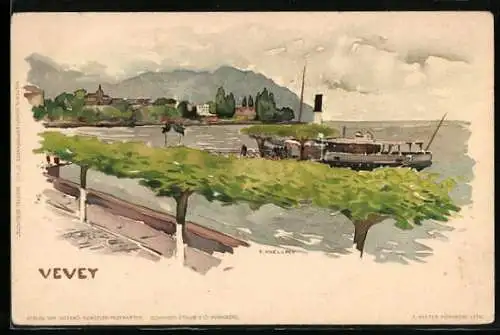 Künstler-AK Fritz Voellmy: Vevey, Uferpanorama