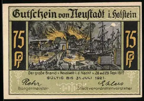 Notgeld Neustadt i. Holstein, 75 Pfennig, Der grosse Brand von 1817, Kremper Strasse und Tor