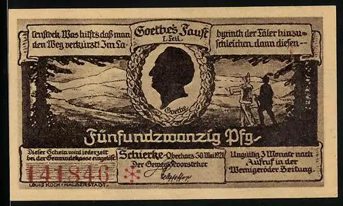 Notgeld Schierke i. Harz 1921, 25 Pfennig, Goethe, Faust und Mephisto, Gesamtansicht mit Umgebung