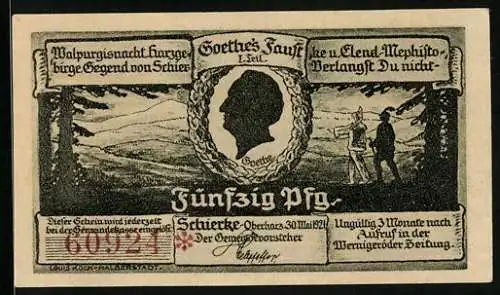 Notgeld Schierke i. Harz 1921, 50 Pfennig, Goethe, Faust und Mephisto, Ortspartie mit alter Kirche