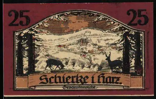 Notgeld Schierke i. Harz 1921, 25 Pfennig, Goethe, Faust und Mephisto, Gesamtansicht mit Hirsch