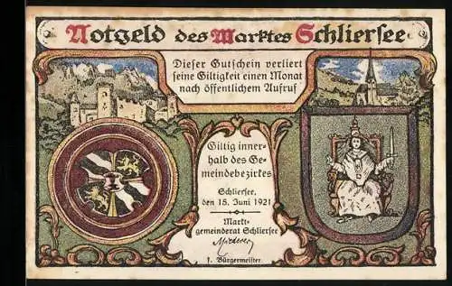 Notgeld Schliersee 1921, 10 Pfennig, Bergziege vor Ortsansicht, Wappen, Burg, Kirche