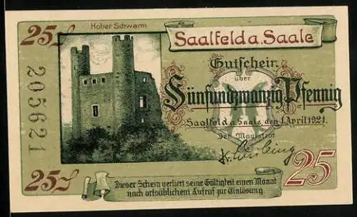 Notgeld Saalfeld a. S. 1921, 25 Pfennig, Burg Kitzerstein und Burg Hoher Schwarm