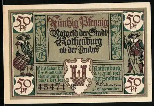 Notgeld Rothenburg ob der Tauber 1921, 50 Pfennig, Bürgermeister Bezold