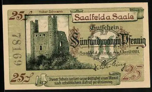 Notgeld Saalfeld a. Saale 1921, 25 Pfennig, Die Burg Hoher Schwarm