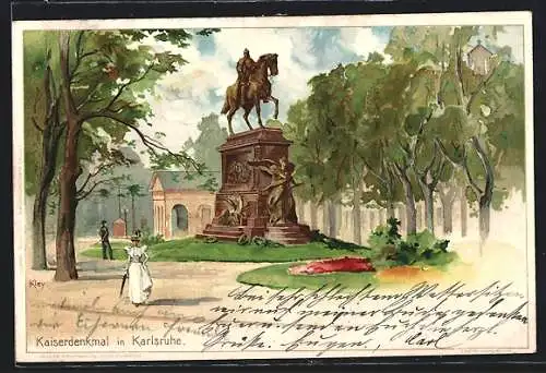 Künstler-AK Heinrich Kley: Karlsruhe, Kaiserdenkmal mit Leuten