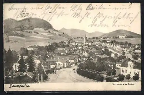 Künstler-AK Baumgarten, Ortsansicht mit Hauptstrasse, Umgebung und Bergpanorama