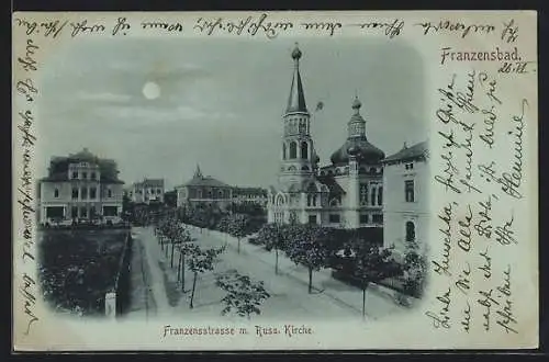 Mondschein-AK Franzensbad, Framzensstrasse mit Russischer Kirche