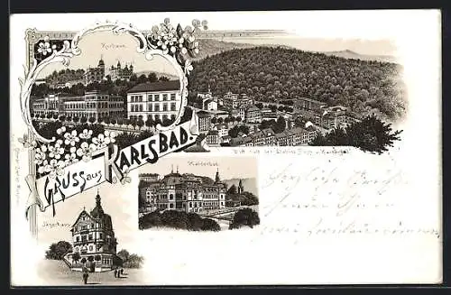 Lithographie Karlsbad, Kaiserbad, Jägerbad, Kurhaus, Teilansicht mit Hotel Pupp