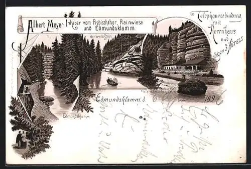 Lithographie Herrnskretschen / Hrensko, Restaurant in der Edmundsklamm, der breite Stein