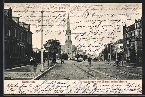 AK Karlsruhe, Strassenbahn mit Durlachertor und Bernharduskirche