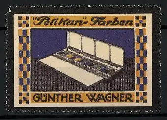 Reklamemarke Pelikan Farben, Günther Wagner, Farb- und Tuschkasten