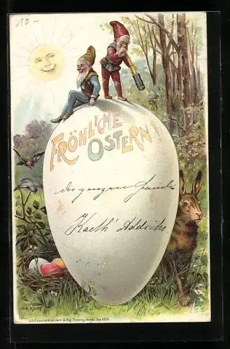 AK Ostern, Zwerg mit Fernrohr auf dem Riesenei beobachtet Feldhasen