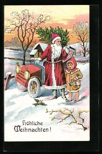 AK Weihnachtsmann mit Auto im Schnee