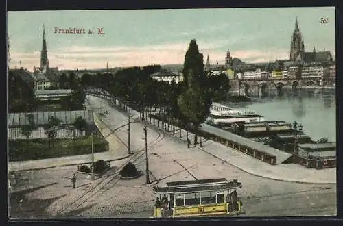 AK Frankfurt a. M., Partie aus Sachsenhausen mit Mainufer, Strassenbahn