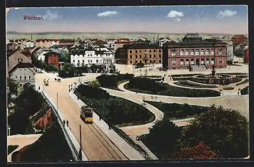 AK Weimar, Teilansicht mit Strassenbahn