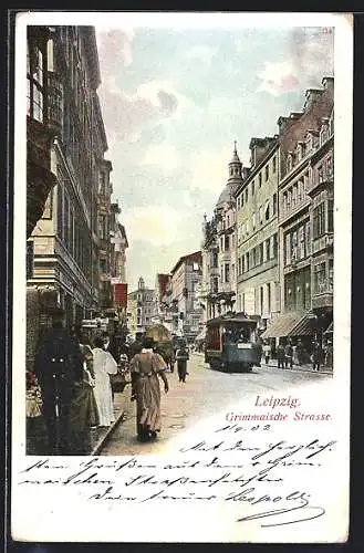 AK Leipzig, Grimmaische Strasse mit Strassenbahn