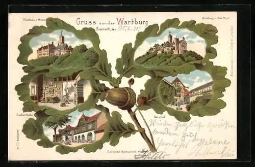 Passepartout-Lithographie Eisenach, Die Wartburg, Eichenblatt