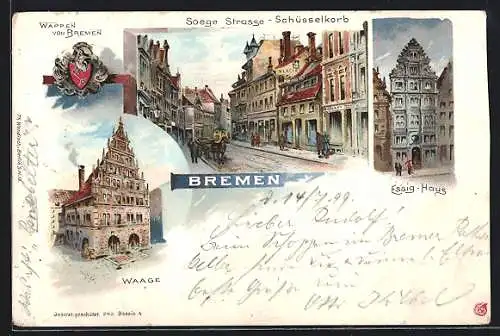 Lithographie Bremen, Schüsselkorb, Wappen, Rats-Waage, Essig-Haus