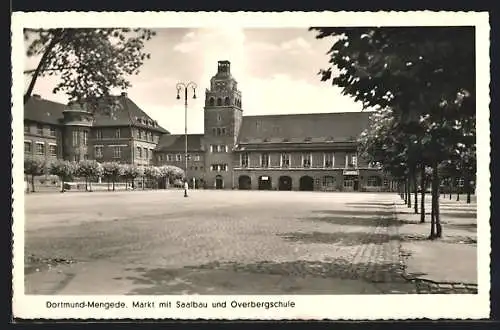 AK Dortmund-Mengede, Markt mit Saalbau und Overbergschule