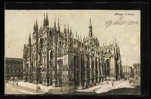 Lithographie Milano, Il Duomo, Strassenbahn vor dem Dom