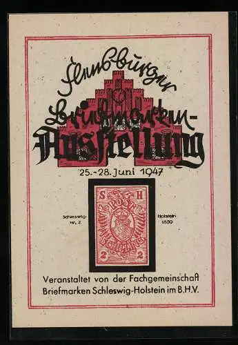 AK Flensburg, Briefmarken-Ausstellung 1947, Briefmarke Schleswig-Holstein 1850