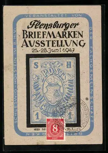 AK Flensburg, Briefmarken-Ausstellung 1947, Schleswiger 1-Schilling-Briefmarke