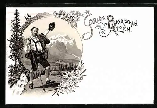 Lithographie Partenkirchen, Bergsteiger in bayr. Tracht winkt mit dem Hut