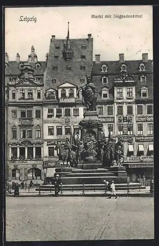 AK Leipzig, Markt mit Siegesdenkmal, Credit-Anstalt, Cafe