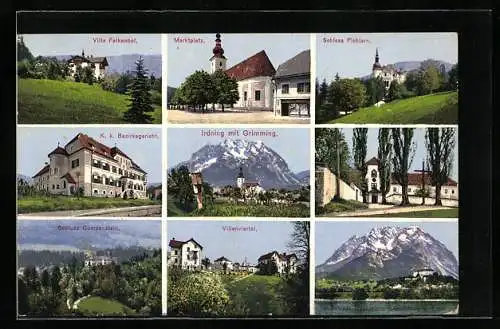 AK Irdning, Marktplatz mit Kirche, Villenviertel, Bezirksgericht, Schloss Gumpenstein, Villa Falkenhof, Schloss Pichlarn